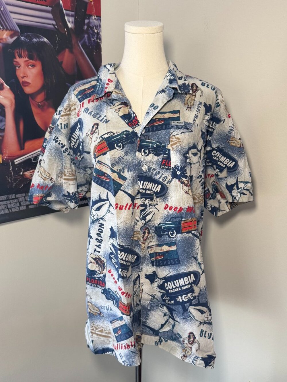 Columbia Performance Fishing Gear Blue, Cream, and Red Causal Button Up Shirt